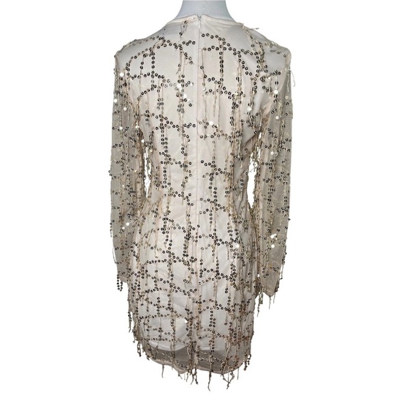 Gold‎ Sequin Fringe Mini Dress Nude Lined Party Night Out Size 6 - Picture 3 of 9